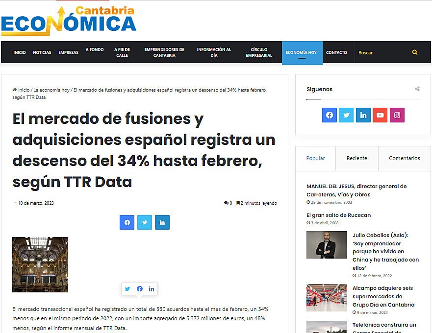 El mercado de fusiones y adquisiciones espaol registra un descenso del 34% hasta febrero, segn TTR Data